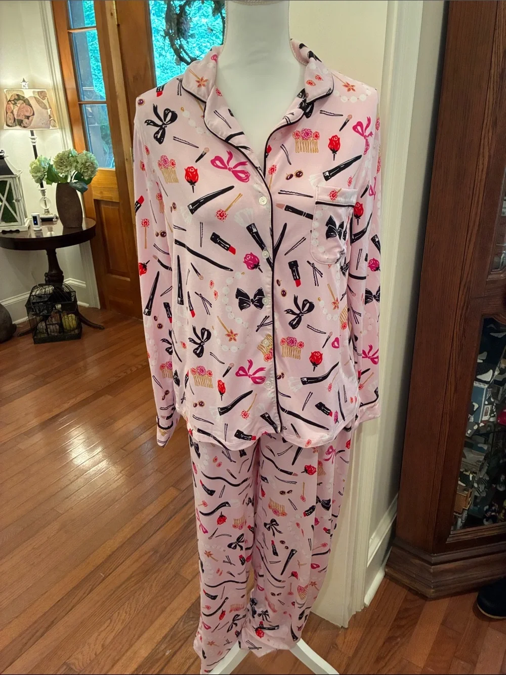 kate spade Pink Beauty-Print Long Sleeve Pajama Set Hair and Makeup 💄
